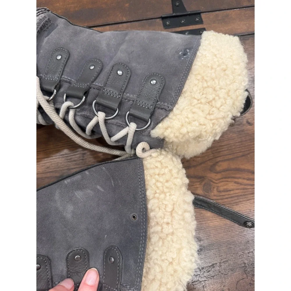 Sorel Joan of Arctic Boots Women 7 Gray Black Waterproof Faux Fur Winter Snow